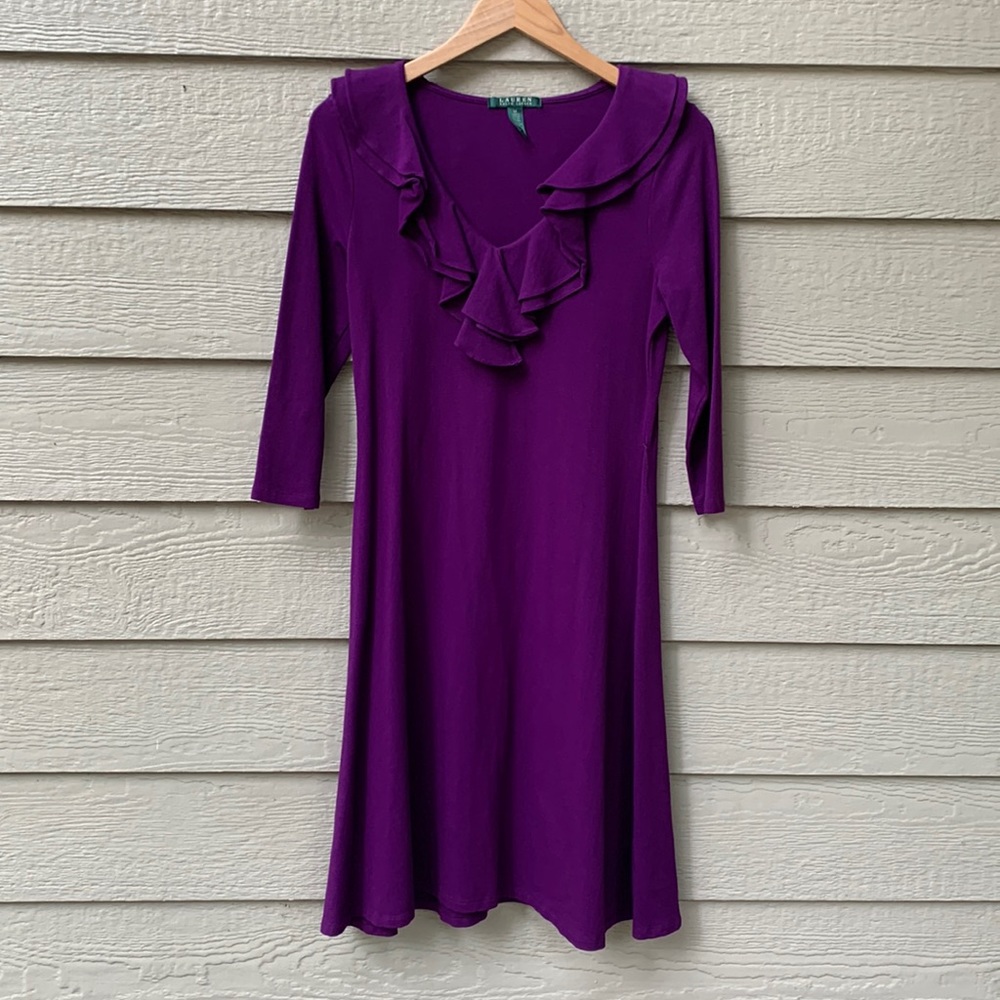 Lauren Ralph Lauren Purple Dress V-Neck 3/4 sleeve Ruffles A-line
